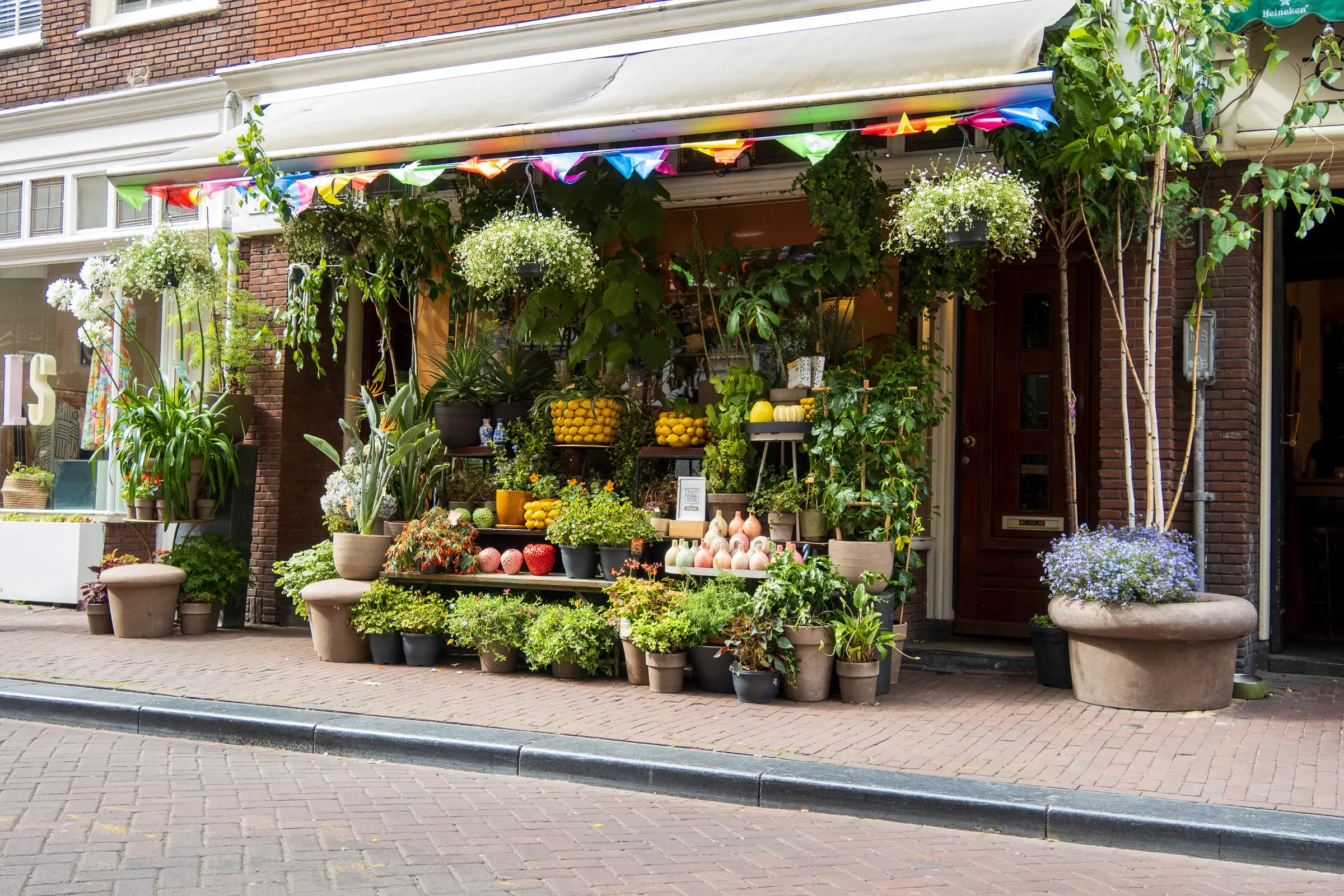 Overflowing florist storefront on a brick sidewalk, colorful pennants strung above fruit and potted plants