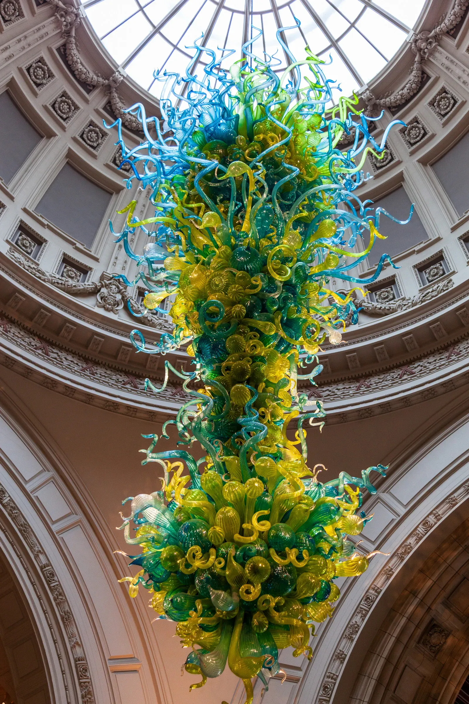 Dale Chihuly glass sculpture — cascading blue, yellow, and green blown-glass tendrils — hanging in the domed rotunda of the Victoria and Albert Museum, London
