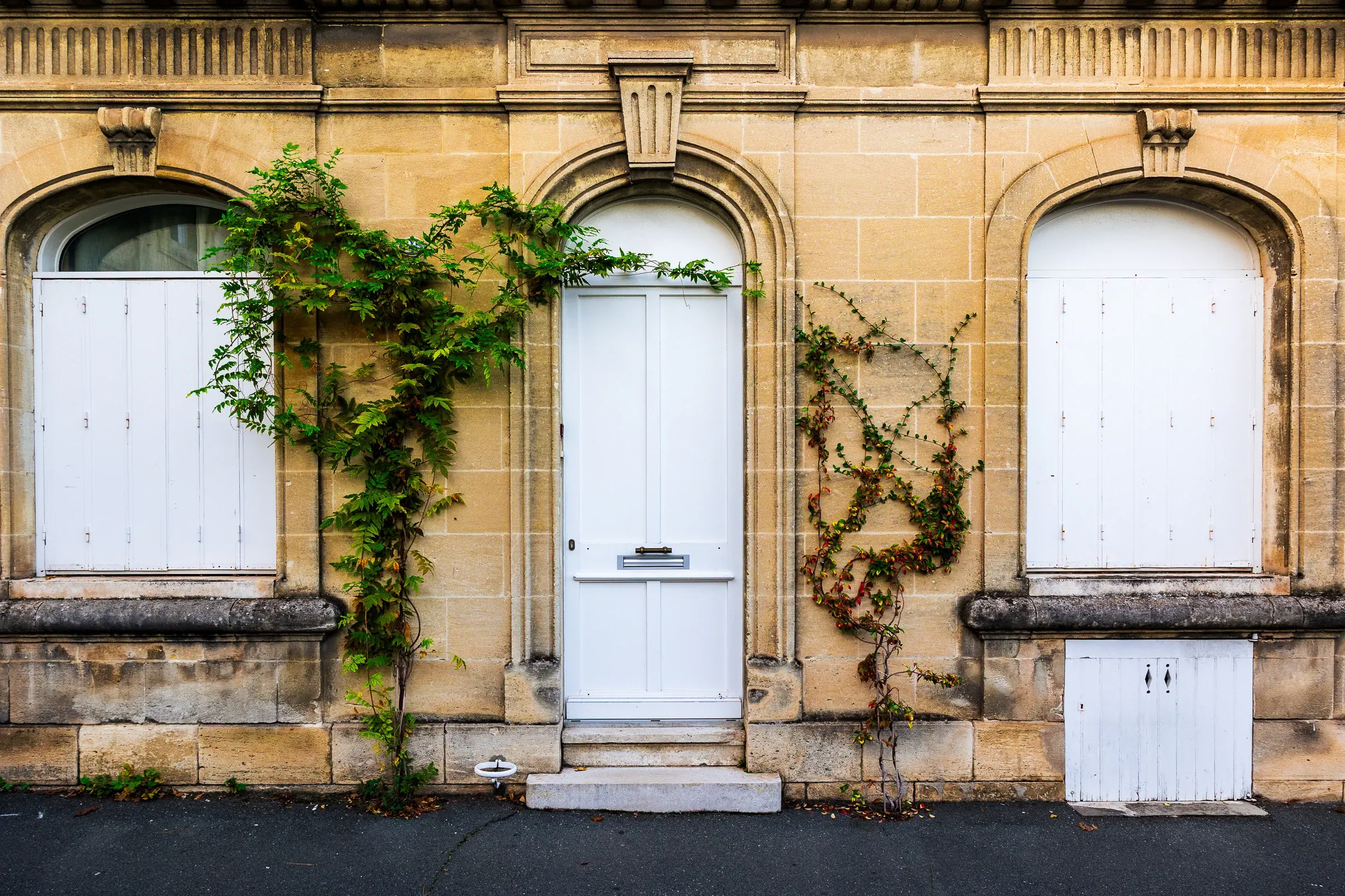 Stone building facade with three arched doorways, white shutters and climbing vines turning red, Bordeaux