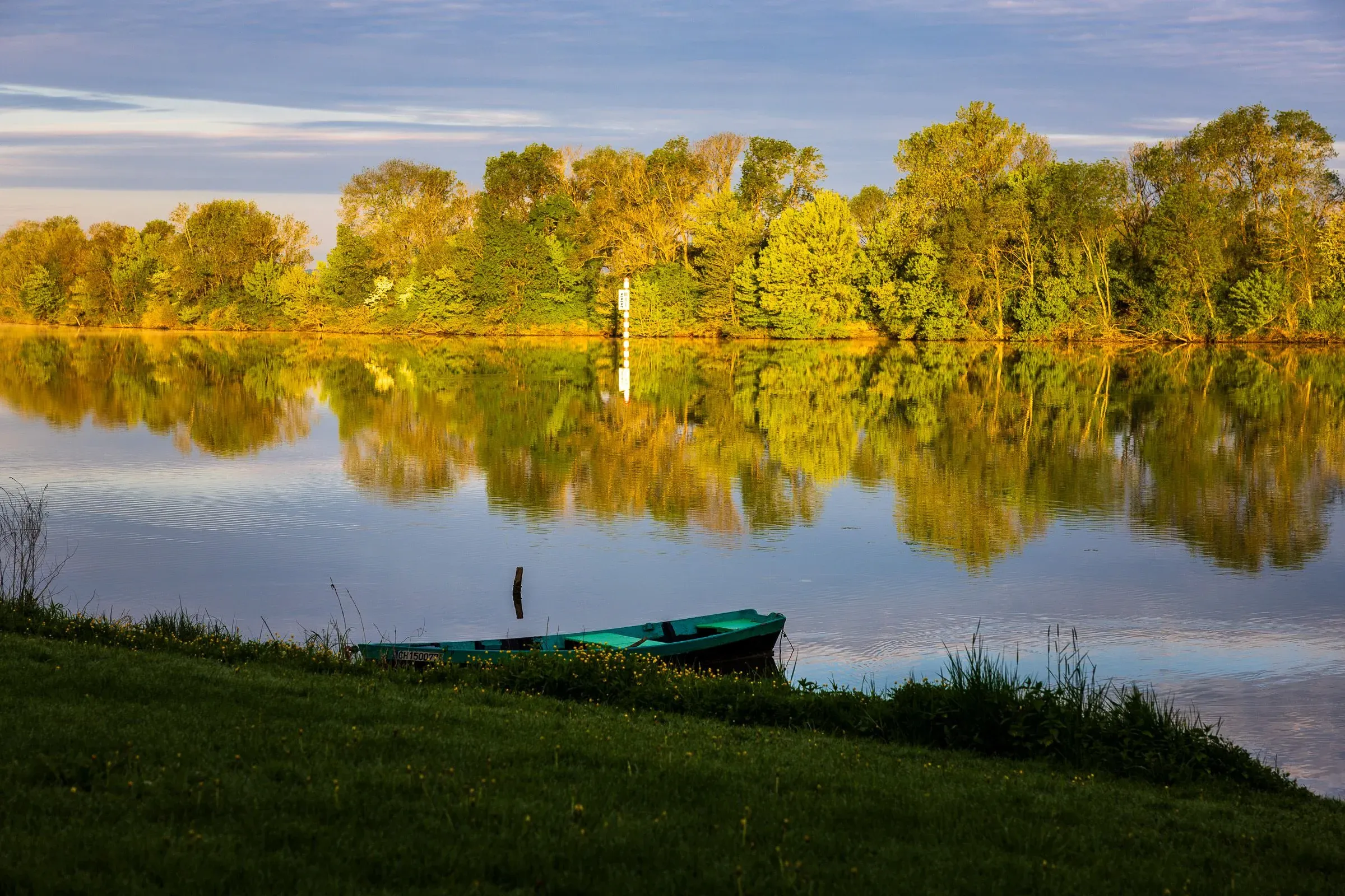 A teal rowboat moored in buttercups on the riverbank, trees and calm water reflecting the evening sky, Chalon-sur-Saône