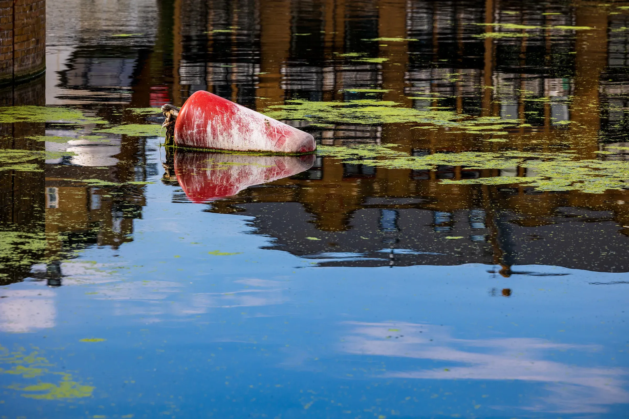 A faded red and white mooring buoy floating on dark canal water covered in green duckweed, bridge piers reflected behind