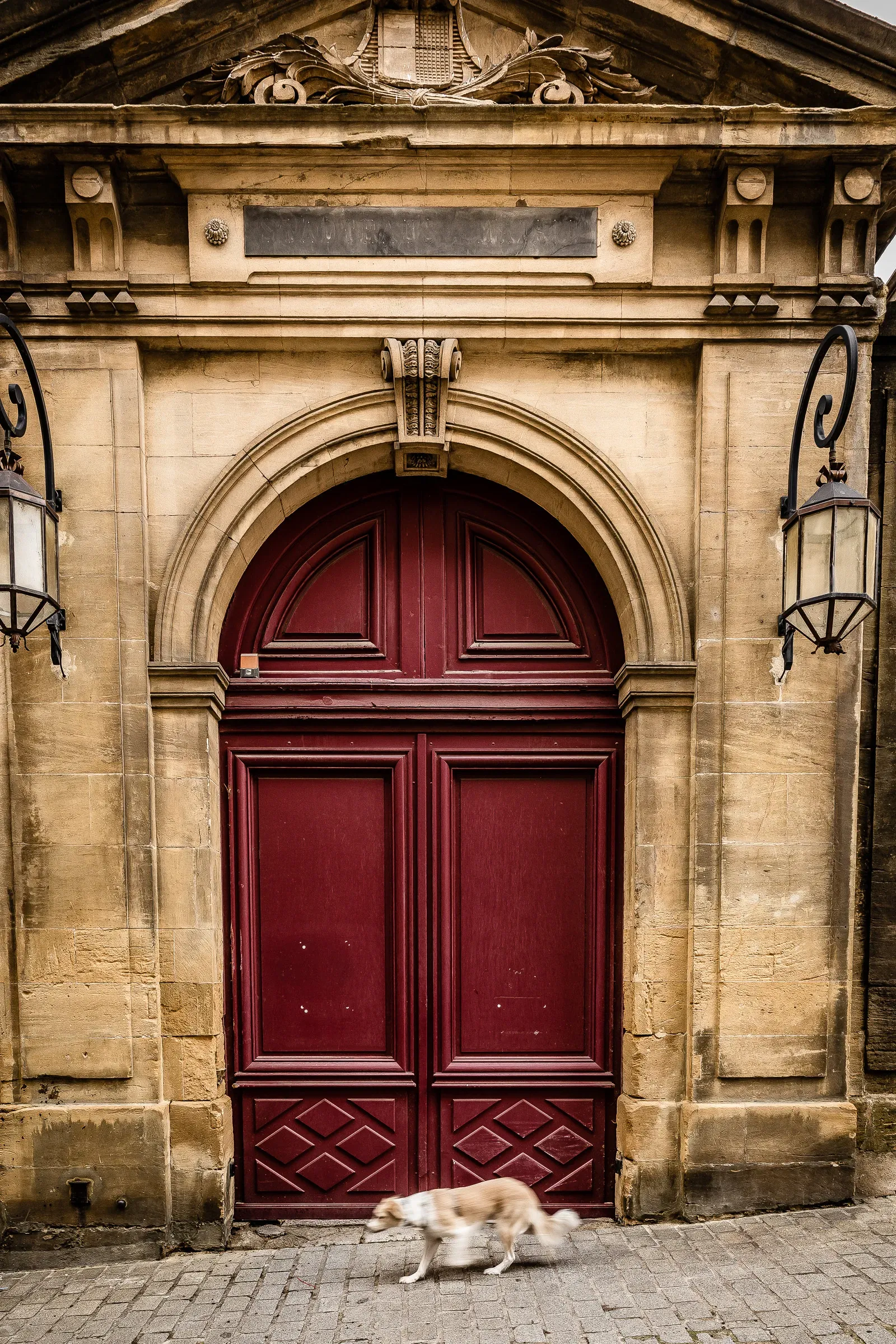 Grand arched red double door in a classical carved stone portal, a dog blurred in motion passing in front