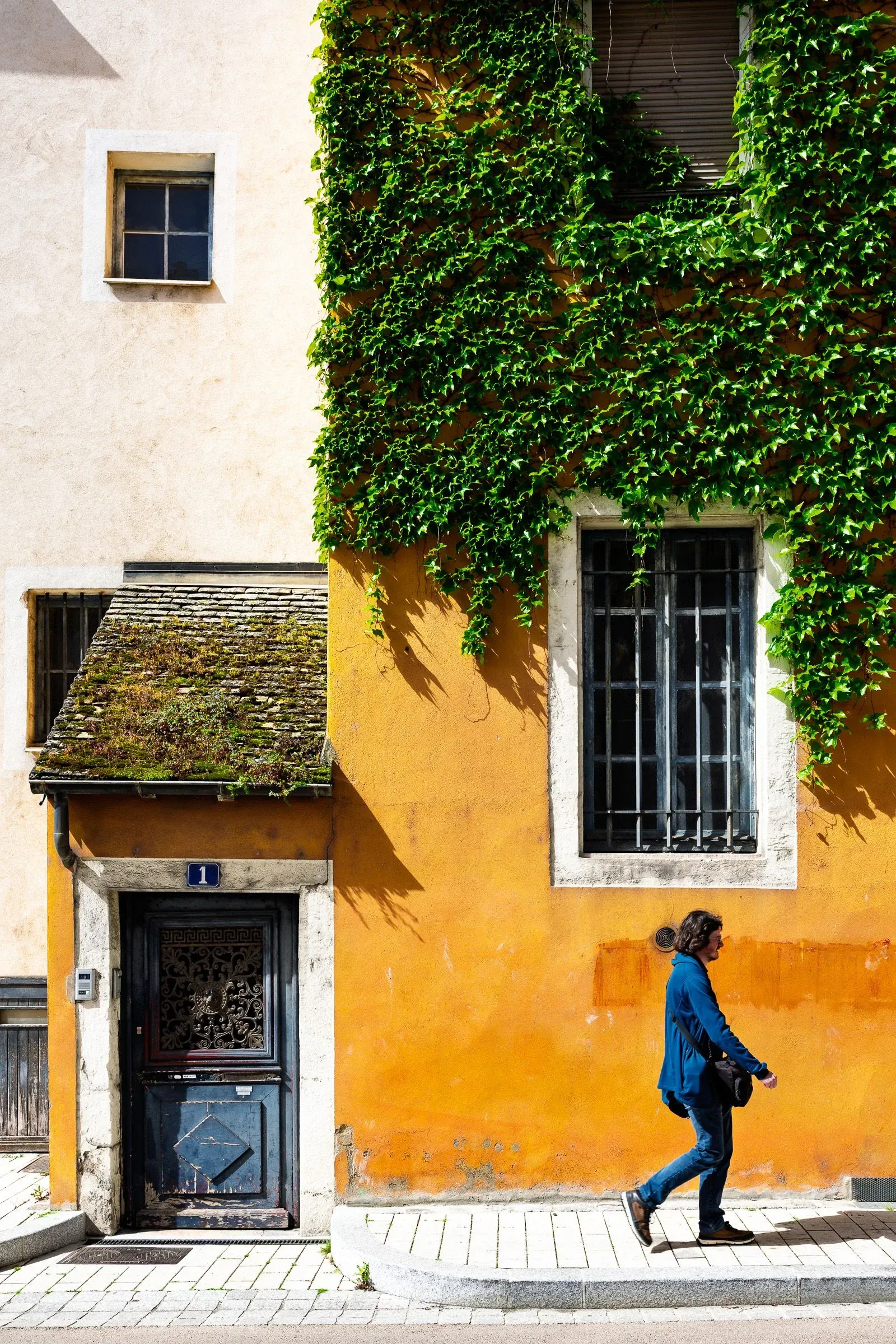Ochre building facade covered in ivy with a numbered blue door, a man in a blue jacket walking past, Chalon-sur-Saône