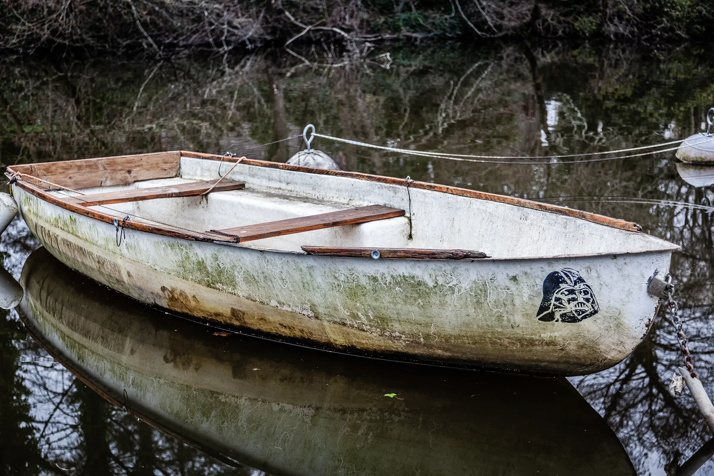 An old white rowing boat with wooden bench seats and a Darth Vader sticker on the hull, moored on a still river