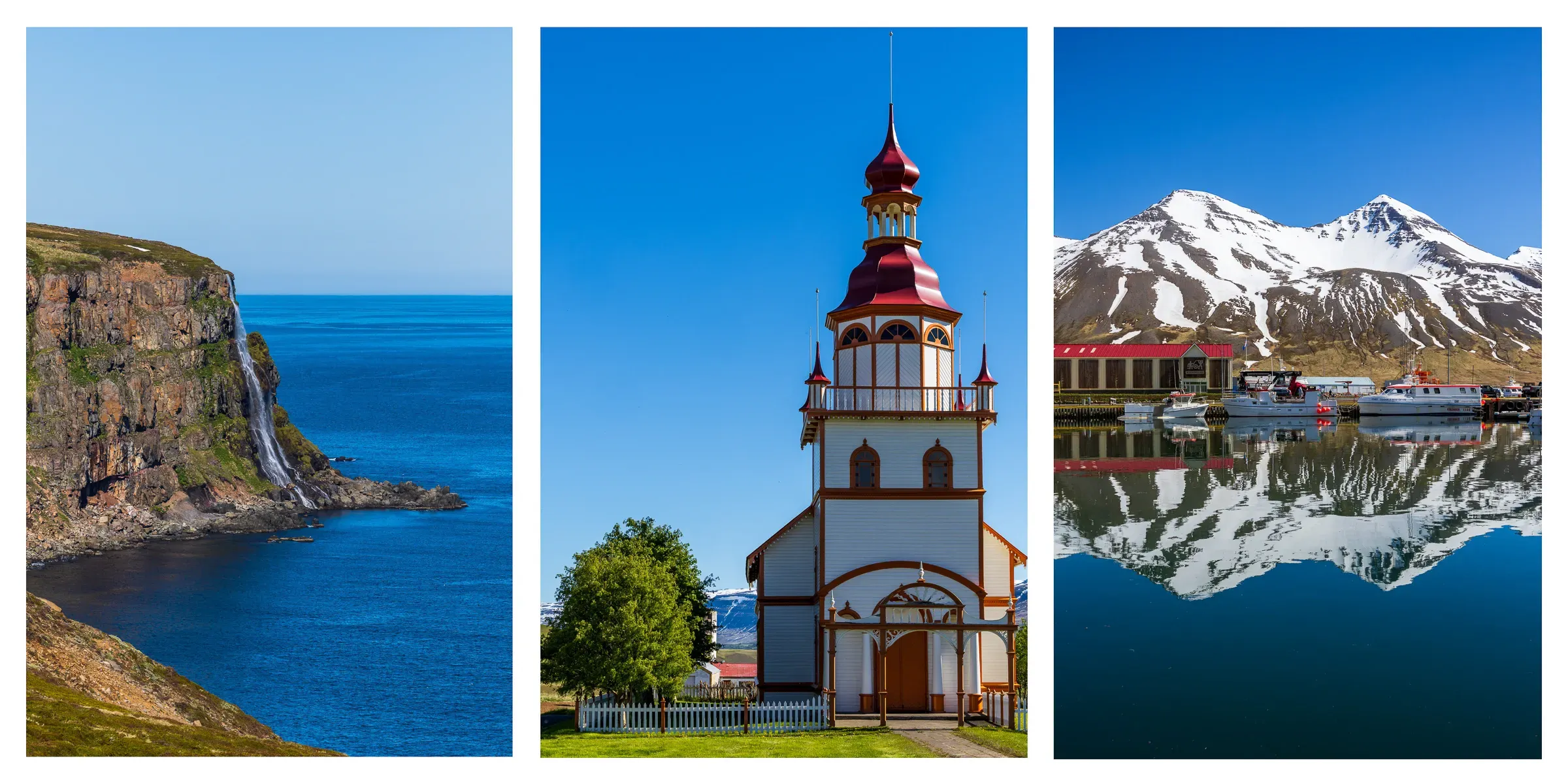 Three frames — waterfall over sea cliffs, a Norwegian church, snow-capped mountain reflected in still water