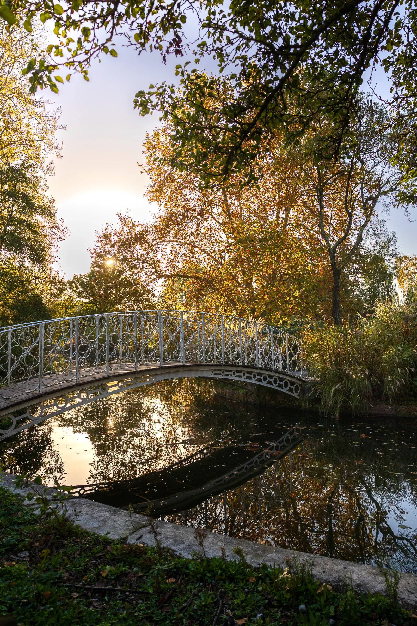 White ornamental iron footbridge reflected in still water, surrounded by autumn trees in golden light, Bordeaux
