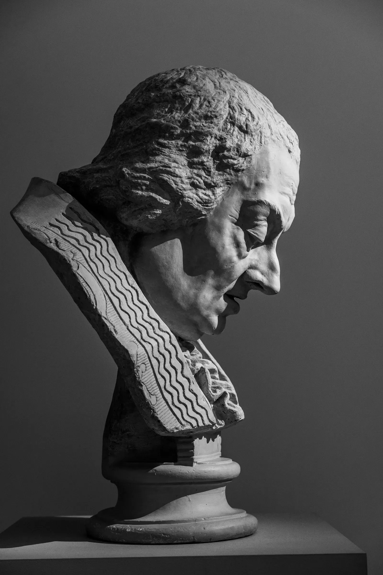 Plaster or stone portrait bust in profile facing left, eyes downcast, ornate carved collar, textured surface against a neutral grey background