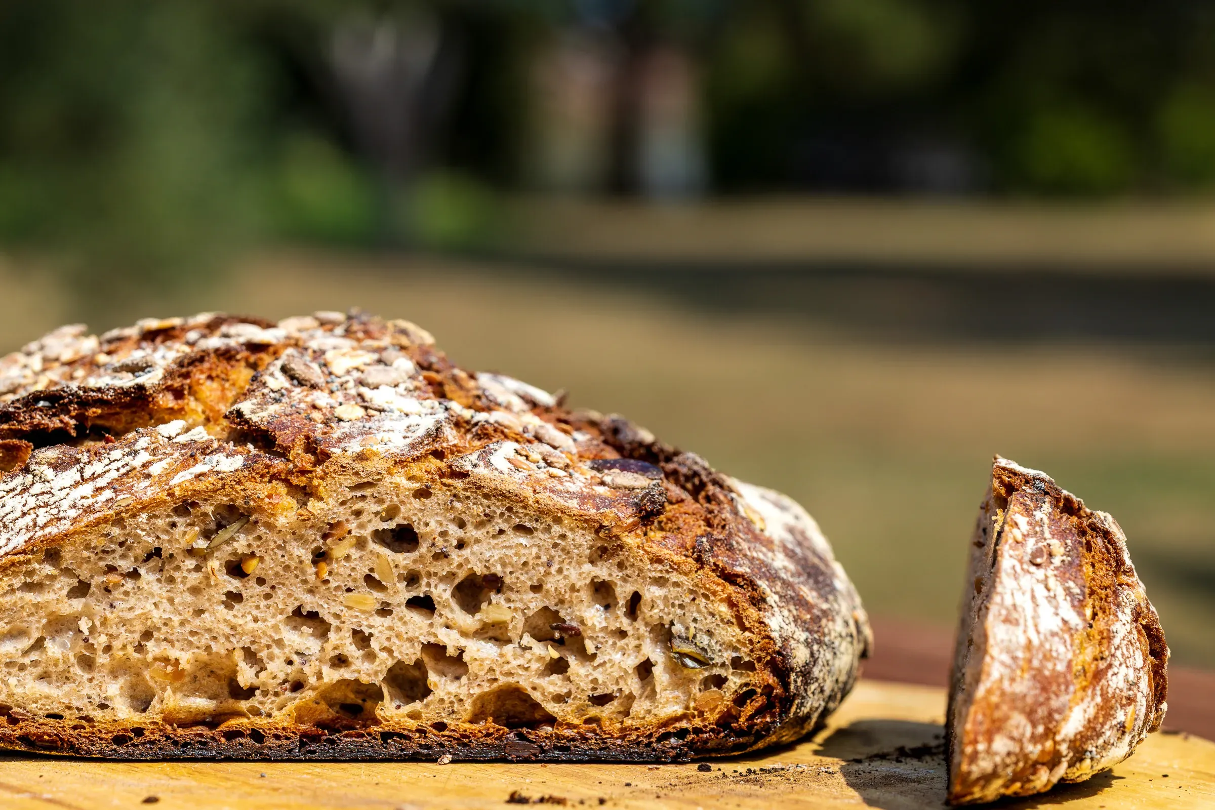 Sourdough country loaf halved on an outdoor wooden table, open irregular crumb visible, green trees soft in the background