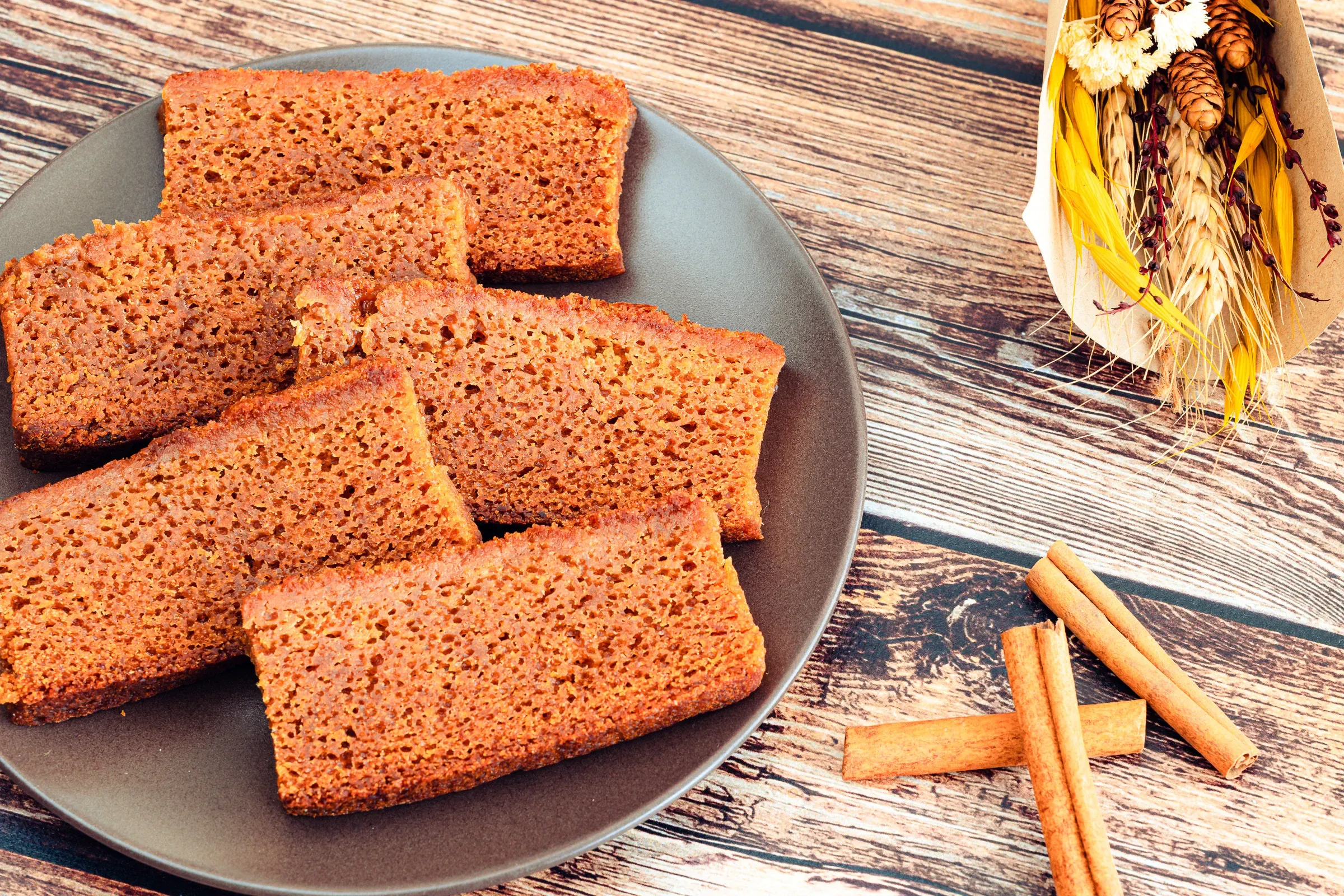 Slices of spice cake on a dark plate with cinnamon sticks beside them, dried wheat and flower stalks to the upper right on dark wood